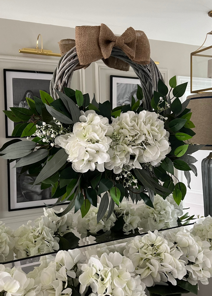 White Hydrangea Wreath with Burlap Bow