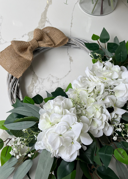White Hydrangea Wreath with Burlap Bow